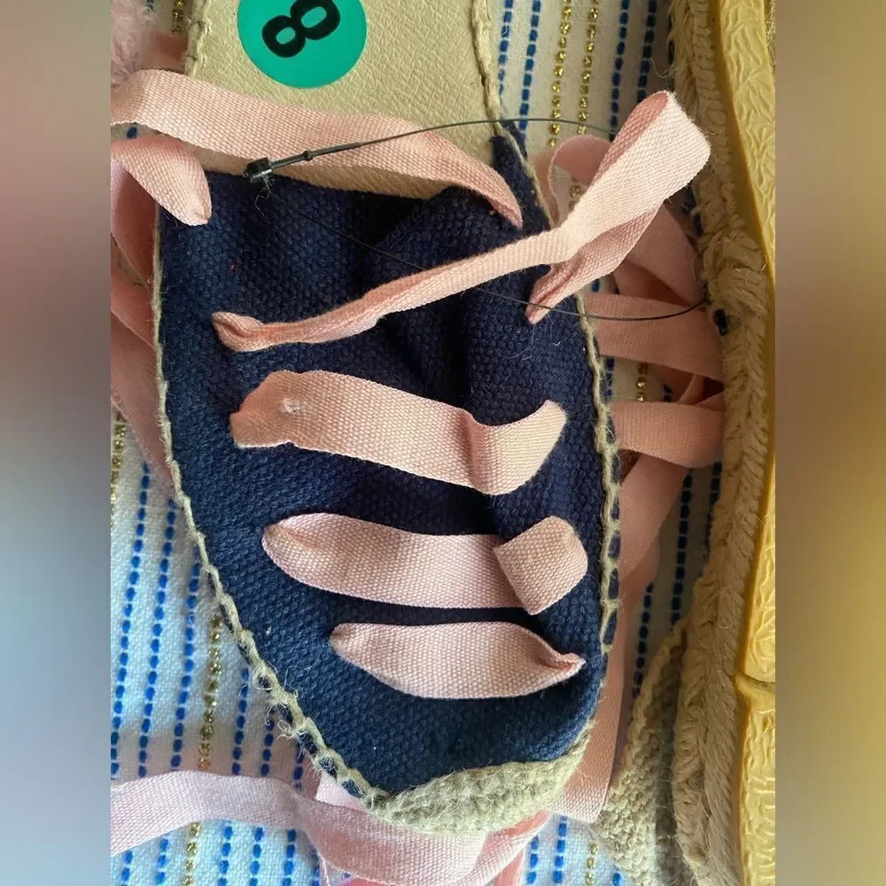 Tory Burch Womens Espadrilles size 8 Navy /pink Ankle Wrap Woven Natural NEW